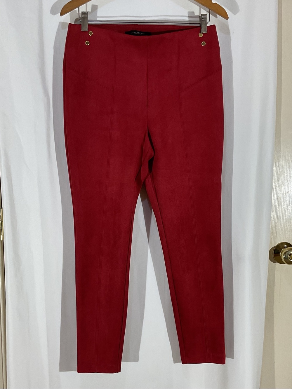 High-Rise Skinny Pants in Deep Red — Suede